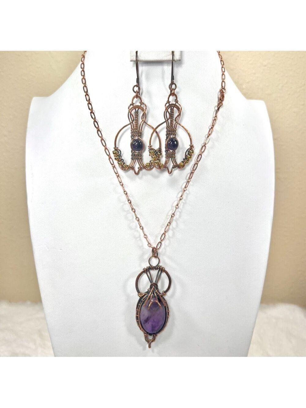Copper Amethyst Vintage Style Gemstone Necklace & Earrings Set